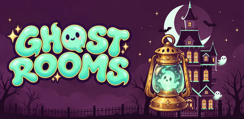 Ghost Rooms: a glowing lantern with a ghost inside, in front of a haunted mansion