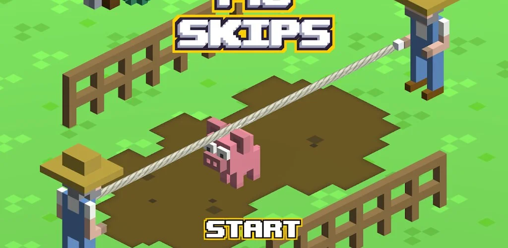 Pig Skips: a pig mid-jump over a turning skipping rope