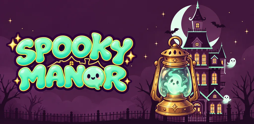 Spooky Manor: a glowing lantern with a ghost inside, in front of a haunted mansion